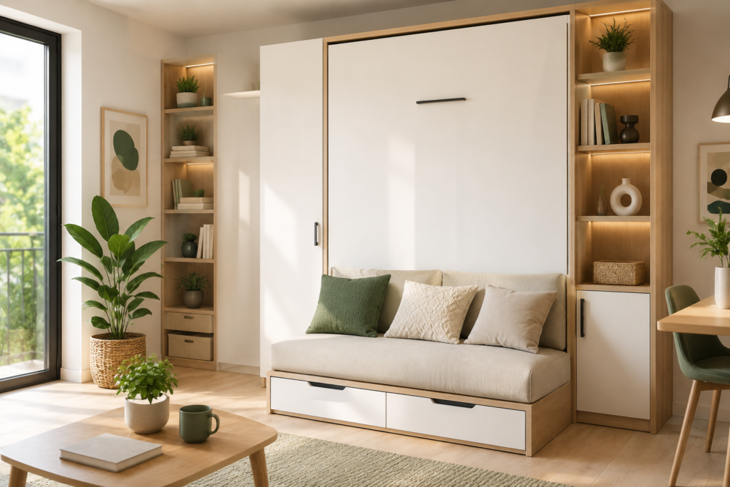 Salón moderno con muebles multifuncionales y soluciones de almacenamiento para ahorrar espacio en pisos pequeños