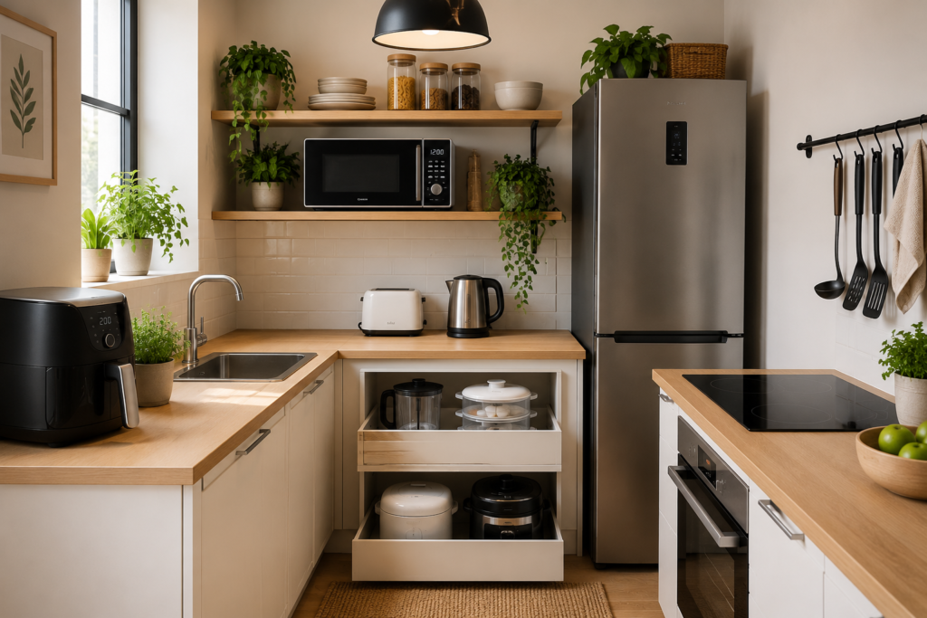 Cocina pequeña moderna con electrodomésticos compactos y soluciones funcionales para ahorrar espacio