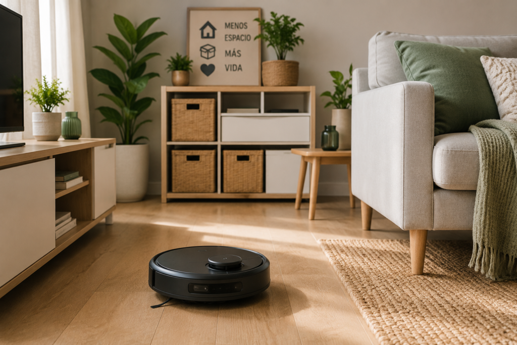 Robot aspirador limpiando un salón moderno y ordenado con muebles funcionales para pisos pequeños