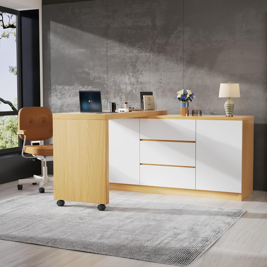 Organización Hogar: Ideas Para Ahorrar Espacio 17 Escritorio con ruedas con bloqueo, aparador, roble y blanco, diseño multifuncional, mesa giratoria de 4 cm de grosor, con bloqueo fijo, mesa plegable