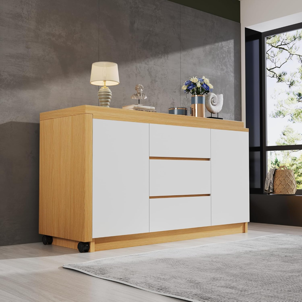 Organización Hogar: Ideas Para Ahorrar Espacio 18 Escritorio con ruedas con bloqueo, aparador, roble y blanco, diseño multifuncional, mesa giratoria de 4 cm de grosor, con bloqueo fijo, mesa plegable