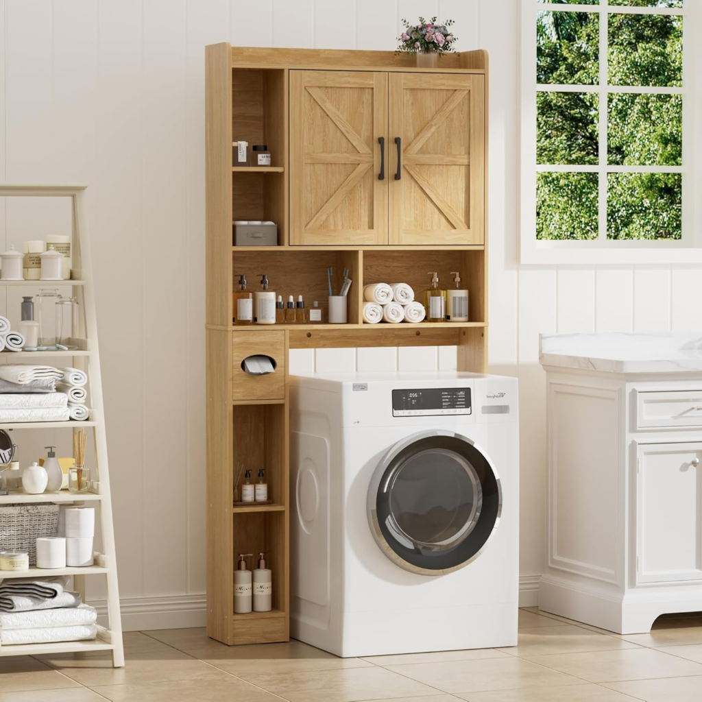 Mejores Muebles Multifunción Para Pisos Pequeños 2 Mueble Lavadora, Puerta de Dos Hojas, Estantes Ajustables, 7 Nichos Abiertos y un Compartimento para Toallas de Papel, para el Baño