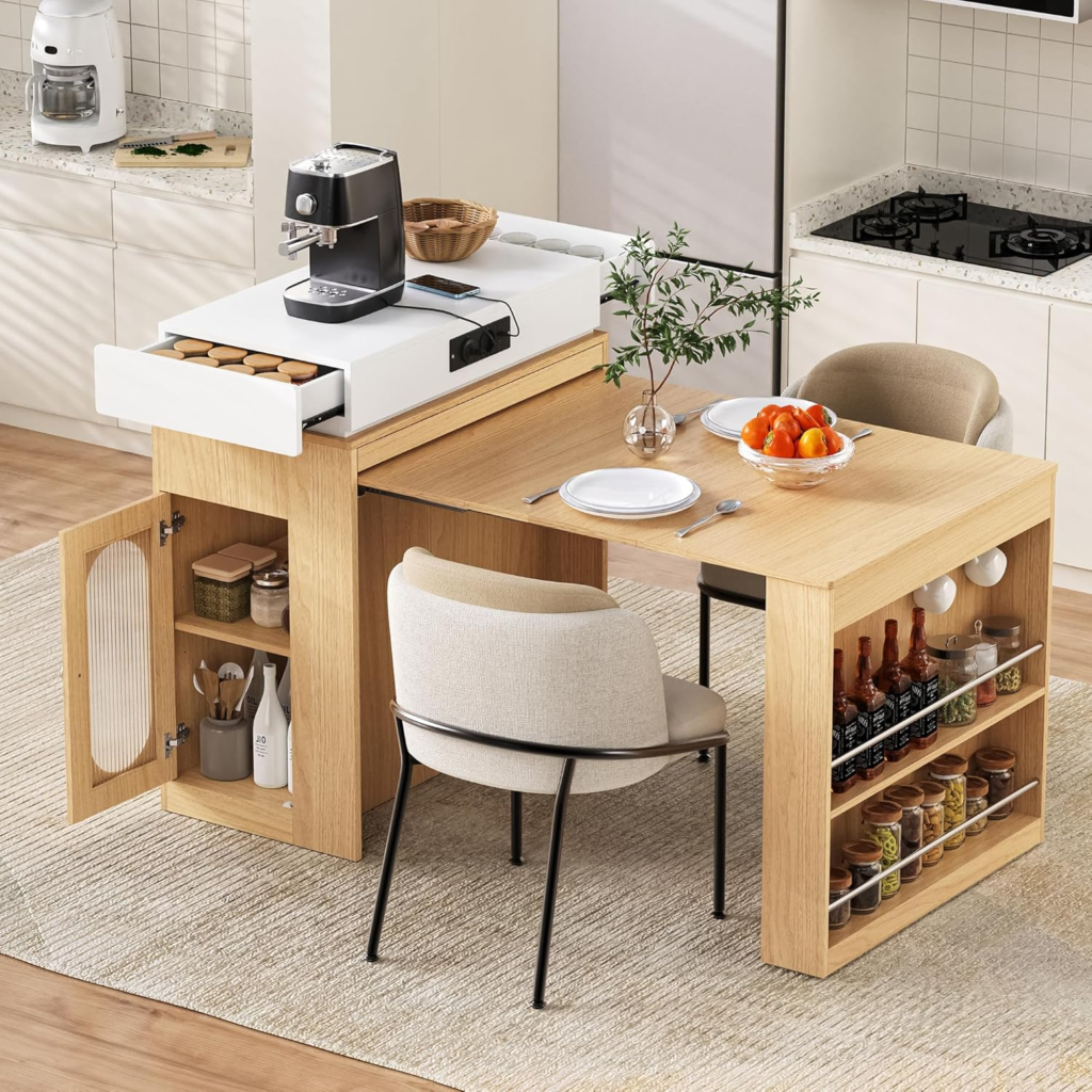 Isla de cocina con ruedas, mesa de comedor extensible con tablero plegable, mesa de bar con regletas y ganchos, sirve como isla de cocina, aparador o mesa